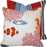 Under the Deep Blue Sea Collection - Waverly Designer Boutique 14 Square Throw Pillow Cover - Ocean Marine Life and Stripes - Blue, Navy, Orange, Yellow, Red, Grey, Brown and Ivory Hues - 1 Cover