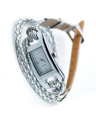 Fashion Womens Quartz Square Dial Weave Wrap Fuax Leather Bracelet Watch Silver