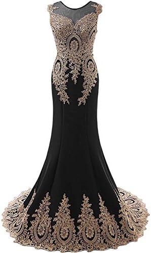 MOBAI Women's Gold Lace Appliques Mermaid Long Evening Gowns Party Prom Dresses (14, Black)