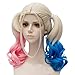 Netgo Suicide Squad Harley Quinn Cosplay Wigs Medium Length Pink Blue Gradient Halloween Wigs Lolita Style Wigs with Ponytails
