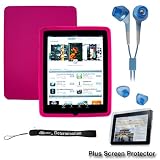 Premium Hot Pink Thick Soft Gel Silicone Skin for Apple iPad 16GB, 32GB, 64GB Wi-Fi and WiFi + 3G + Includes a 4-inch eBigValue (TM) Determination Hand Strap + Anti-Glare Screen Protector for iPad Tablet ( All Models ) + Fashion Earbud Headset Headphones 3.5mm In-Ear Stereo ( Blue )