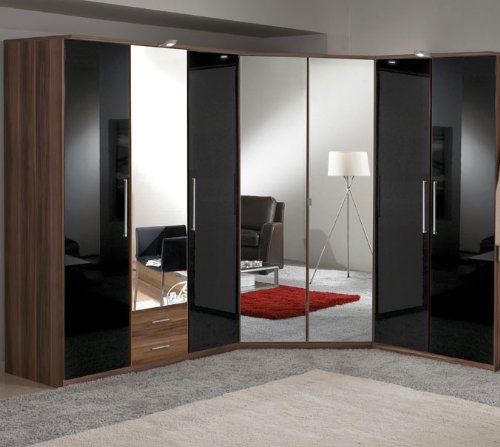 Eck - Kleiderschrank »BERLIN« Hochglanz schwarz - Nussbaum