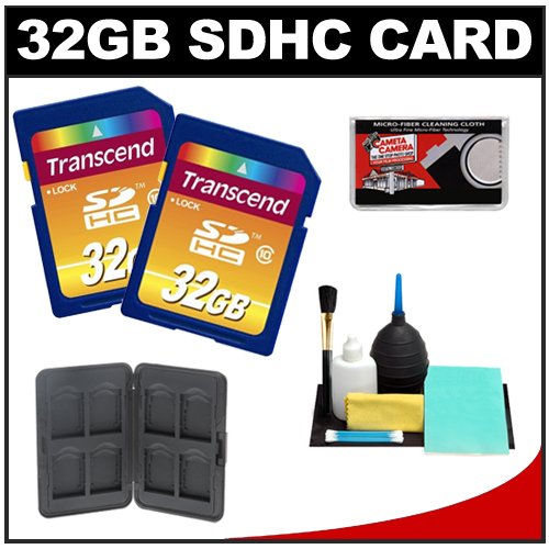 Transcend 32GB SecureDigital Class 10 (SDHC) Memory Card (2 PACK) + SD Hard Case + Cleaning Kit for Sony Alpha, NEX, Olympus & Panasonic Digital SLR Cameras