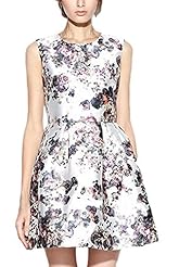 Sleeveless  Vintage Acrylic/Polyester Floral Print  Ball Gown Skater Dress 