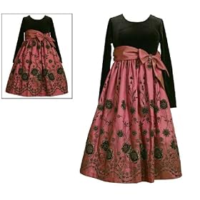 Bonnie Jean Girls 7-16 ROSE PINK BLACK GLITTER BORDER VELVET TAFFETA Special Occasion Wedding Flower Girl Holiday Party Dress