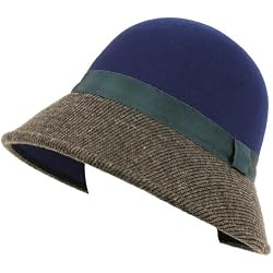 San Diego Wool Felt Contrast Winter Cloche Bucket Royal Blue with Charcoal Gray