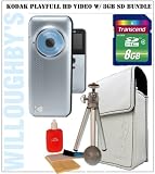Kodak Playfull HD Video Camera (Silver/Blue) + Kodak Slim Camera Case (White/Black Interior) + Transcend 8GB SD HDMI Starter Bundle