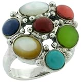 1 (25mm) wide Sterling Silver Ring with Multi Color Synthetic Stones