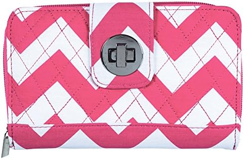 Turn Lock Quilted Double Zip Around Wallet, Chevron (Pink)