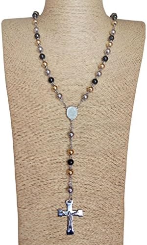 Men 8mm Bead Stainless Steel Rosary Chain Necklace &amp; Crucifix Pendant Vintage 30" Chain Gn545
