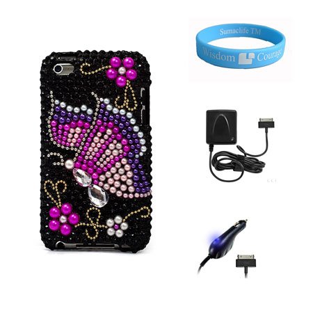 Easy Snap-On 2-piece Black Stone Rhinestone Cover for Apple iPod Touch 4G + Car Charger with Blue LED + Cellet Brand Wall Charger + Wristband