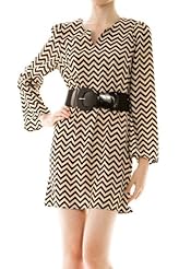 V-neck Belted Leather/Polyester Chevron Print Zig Zag  Dress