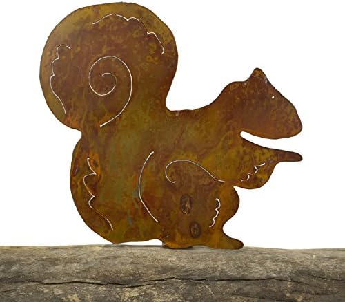 Sitting Squirrel Garden Silhouette, Rust Patina Metal Yard and Garden Art, Rustic Home Decor, Base Mounting