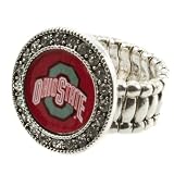 Silver toned stretch band ring with crystal rhinestones surrounding the Ohio State University logo, Buckeyes
