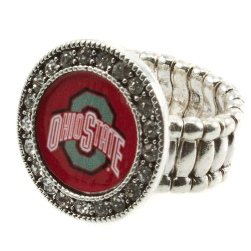 Silver toned stretch band ring with crystal rhinestones surrounding the Ohio State University logo, Buckeyes