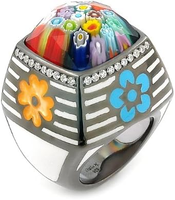 Exquisite Collection Faceted Multi Color Murano Glass Square Ring With CZ Microsetting - Size 6