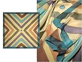 ULRIKE Square Flat Crepe Silk Scarf - Stripes of umber, lavender, aqua and mauve on a honey-beige field bordered with a translucent overlay of turquoise.