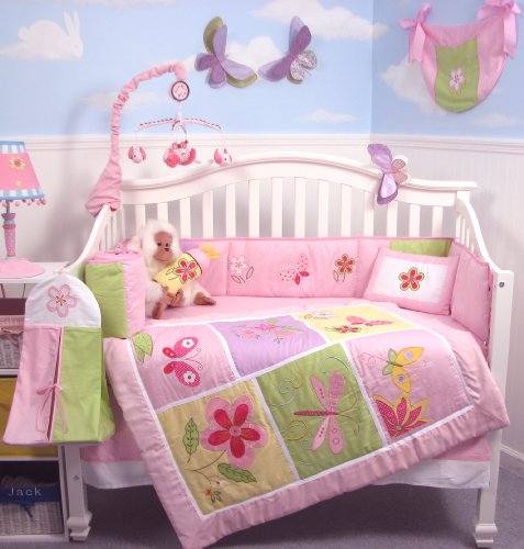 SoHo Butterfly Meadows Crib Nursery Bedding Set 10 pcs **Reversible Into Morden Pink & Brown Polka Dot Designs !**