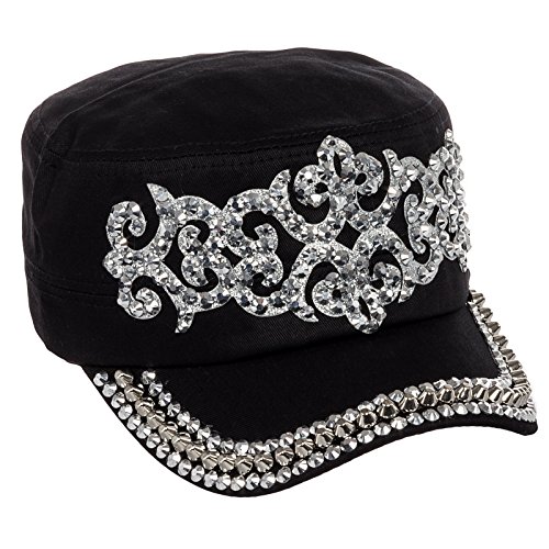 Crystal Case Women's Cotton Rhinestone Studded Medieval Military Cap Hat