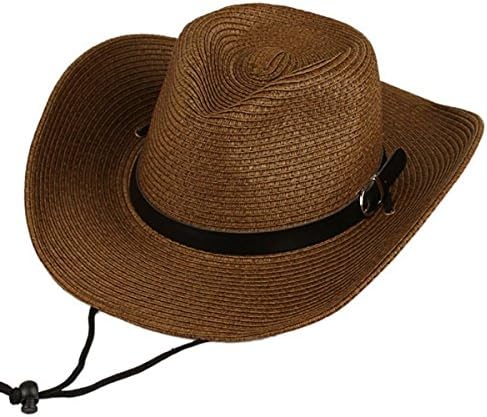 HNBYFS Unisex Classic Straw Cowboy Hats Panama Western Sun Caps Fashion Cowgirl Beach Sun Hats With Wide Brim and Lanyard Coffee