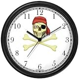 Skull with Eye Patch & Red Bandanna Hat & Crossed Bones or Cross Bones - Pirate Theme - JP Wall Clock by WatchBuddy Timepieces (Slate Blue Frame)
