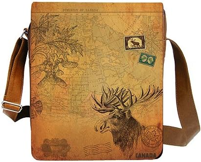 Lavishy Viaggio O Canada Moose Canadian Map Medium Messenger Tablet Padded Knitting Bag Vegan Sepia