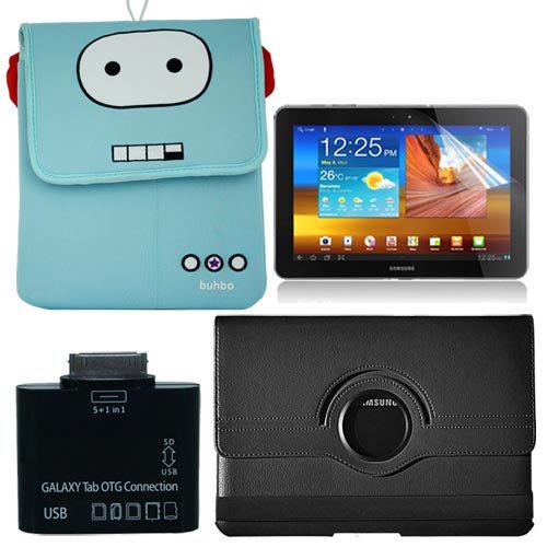 Premium LCD Clear Screen Protector + RORO the Robot Memory Foam Case + Black 360 Degree Leather Case + 5 In 1 Card Reader OTG connection kit For Samsung Galaxy Tab 10.1 P7510 By Buhbo