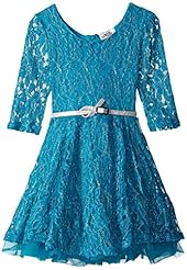 Girls Lace Belted Metallic/Nylon 3/4 Sleeves Long Sleeves  Dress