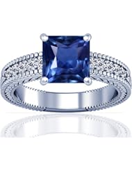 Platinum Princess Cut Blue Sapphire Ring With Sidestones