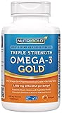 NutriGold Omega-3 Fish Oil Triple Strength Omega-3 Gold, 1250 mg Fish Oil Supplement with 1000 mg EPA+DHA Per Softgel, 180 Softgels