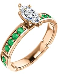 10K Rose Gold Marquise Cut Diamond and Emerald Ring -- LIFETIME WARRANTY