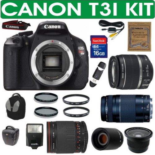 BRAND NEW CANON REBEL T3I (IMPORT) + CANON 18-55mm IS LENS + CANON 75-300mm ZOOM LENS + VIVITAR 500mm MIRROR LENS + 2X TELECONVERTER LENS + .40X SUPER WIDE ANGLE FISHEYE LENS + 16GB HIGH SPEED MEMORY CARD CLASS 10 + MACK 3 YEAR WORLDWIDE WARRANTY