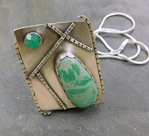 Variscite And Chrysoprase Multi Gemstone Oxidized Sterling Silver Modernist Angle Pendant Necklace