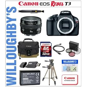 Canon EOS Rebel T3 12.2 MP CMOS Digital SLR Body with Canon EF 50mm f/1.4 USM Lens + LEXSpeed 32GB SDHC Class10 Memory Card + Sunpak 9002TM Tripod + Replacement LP-E10 Battery + Canon Deluxe Gadget Bag & Much More! Willoughby's Est. 1898 Bundle