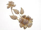 Huge Golden Flower & Bud Clear Crystal Rhinestone Fashionable Costume Pin Brooch