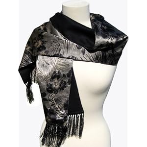Buy SilkNOW Black on Ivory Background Scarf 100% Silk Satin with Fine Printed Beautiful Multi Colored... by SilkNOW