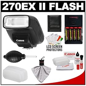 Canon Speedlite 270EX II Flash with Diffuser + (4) Batteries & Charger + Canon Cleaning Accessory Kit for EOS 7D, 5D, 60D, 50D, Rebel T3, T3i, T2i, T1i, XS Digital SLR Cameras