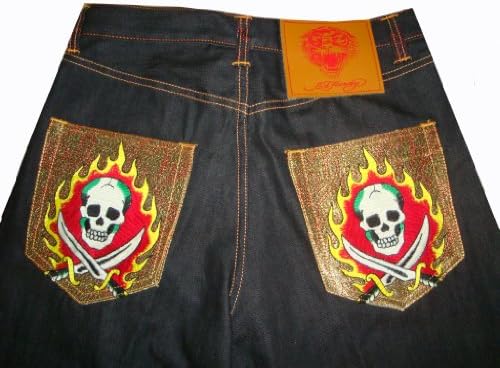 Men's Ed Hardy Shorts Denim Yellow Sword Skull
