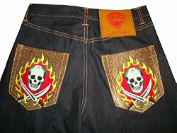 Men's Ed Hardy Shorts Denim Yellow Sword Skull