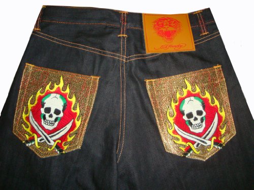 Men's Ed Hardy Shorts Denim Yellow Sword Skull