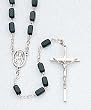 18" Silver Tone Rosary with 6.5mm Black Wood Beads, Mary Emblem, and Crucifix - Imported from ITALY