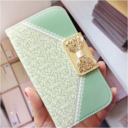 Umiko(TM) Mint Green Lace iPhone 4 Case, Fashion Bow Lace Green Leather Wallet Credit Card Flip Stand Skin for Girls Case Cover Apple iPhone 4 4S