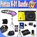 Pentax K-01 16MP APS-C CMOS Compact System Camera With 18-55mm and 55-200mm Lens (Yellow) + Extended Life Battery + 8GB SDHC Class 10 Memory Card + USB Card Reader + Memory Card Wallet + Deluxe Case w/Strap + Shock Proof Deluxe Case + Mini HDMI to HDMI Cable + 3 Piece Professional Filter Kit + Professional Full Size Tripod + Accessory Saver Bundle!