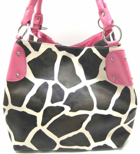 Brown / White Giraffe Print Shoulder Bag Purse Pink Trim