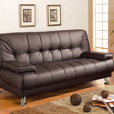 Brown Vinyl Button Tufted Sofa Bed with Removable Arm Rests