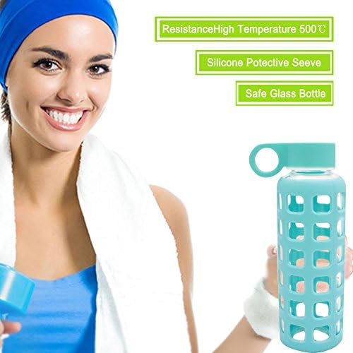 EZsport Glass Water Bottle with Silicone Protection Sturdy and Lightweight for Hiking Camping Backpackers, 100% Leak Proof, Turquoise Color