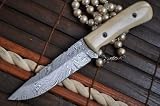 Now on Sale - Handcrafted Damascus Hunting Knife - Full Tang Bushcraft - Mammoth Bone Handle