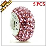 1 Buy = 5PCS Solid Sterling 925 Silver Core Swarovski Czech Rhinestone Charm Beads, High Quality With Sterling Brightness, Threaded Core, Matching Lampwork Murano Glass Beads for European Style Bracelets and Necklaces Chains, Well Compatible with Pandora, Troll, Biagi, Caprice, Dione Murano Glass Beads