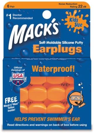 Macks Waterproof Reusable Kids Learn to Swim Ear Plugs Silicone 6 Pairs Orange