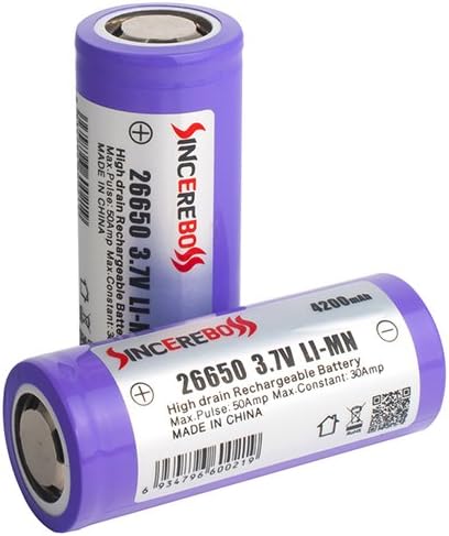 Sincereboss 26650 4200mAh 50A Flat Top High Drain Rechargeable Batteries Pack of 2